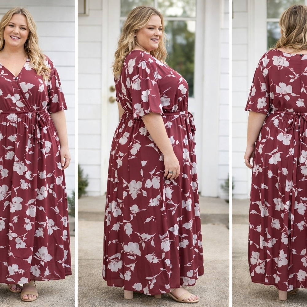 BloomChic Burgundy Floral Short Sleeve Dress - Picture 1 of 7